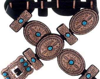 Navajo Copper Concho Belt 70's Sleeping Beauty Turquoise