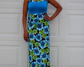 summer dress,floral design maxi gown, size PS 4-7 US,ocean blue gown, halter neck attractice colors,petite size summer outfit