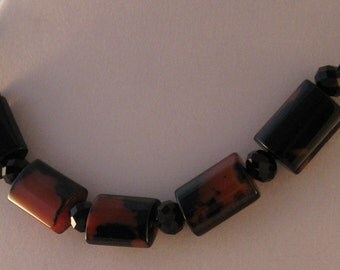 Large Black and Brown Marbled Design Beads Necklace on Leather Cord with Magnetic Clasp