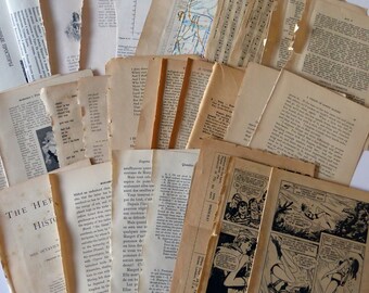 Vintage ephemera paper pack, book pages, scrapbooking, mixed media