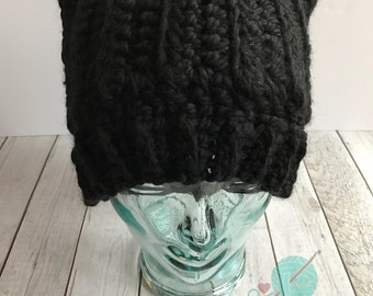 Chunky black pussycat hat, black pussyhat, black pussycat hat, black cat ear hat, black cat ear hat, crochet black cat hat, black cat beanie