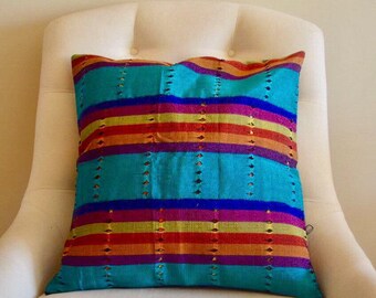 Turquoise/Rainbow Aso Oke Throw Pillow Covers // 18x18