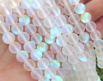 Holographic 8mm beads, white opal beads, frosted white beads, aurora borealis beads, 8mm aura beads, mistic white beads, holographic quartz