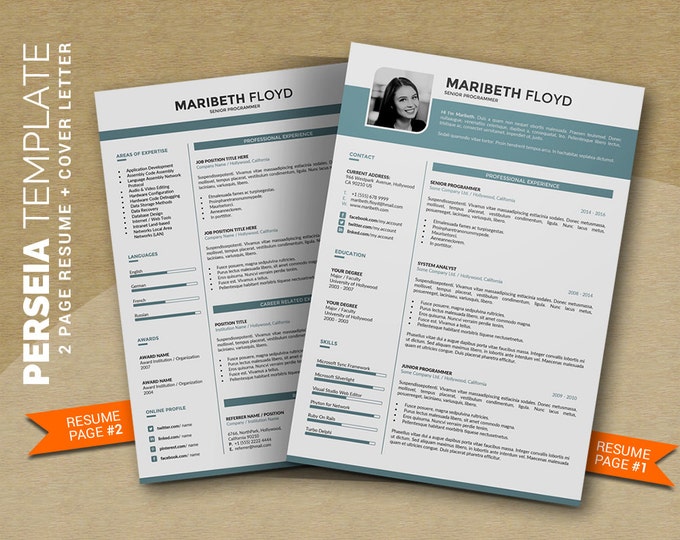 Professional Resume Template / CV Template, 2 Pages Word Resume Design + 1 Pages Cover Letter, Creative Design, Instant Download "Perseia"