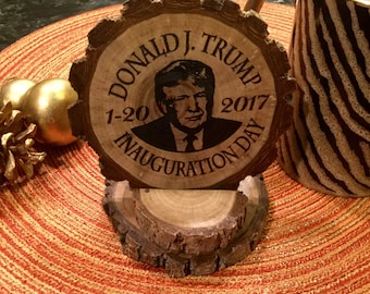 Donald Trump gift Inauguration 45th President Election Engraved Rustic Wood Slice Political Commemorative Keepsake coaster with stand