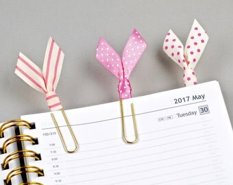 Ribbon Bookmark, Planner Accessories, Pink Spots and Stripes, Office Accessories, Diary Accessories, Set of 3 Clips