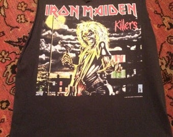 Vintage 1990s Iron Maiden 'Killers/ Classic Collection" Rock tee T-Shirt Front & Back Design Cut -Off Sleeves size large or xl RAD!