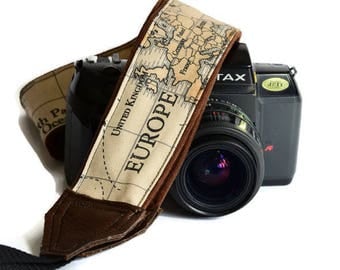 Handmade strap/ World Map/ Camera Strap/ Adjustable/ Photography/ Travel/ Traveler/ Classic/ Original/ Custom/ Camera accessory/ Gift idea