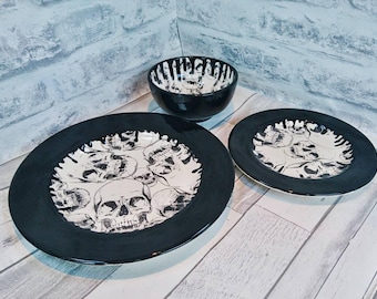 Skull dinner set, hand painted item, black skulls, ceramic plates, glazed bowl, set of 3, skull drip design