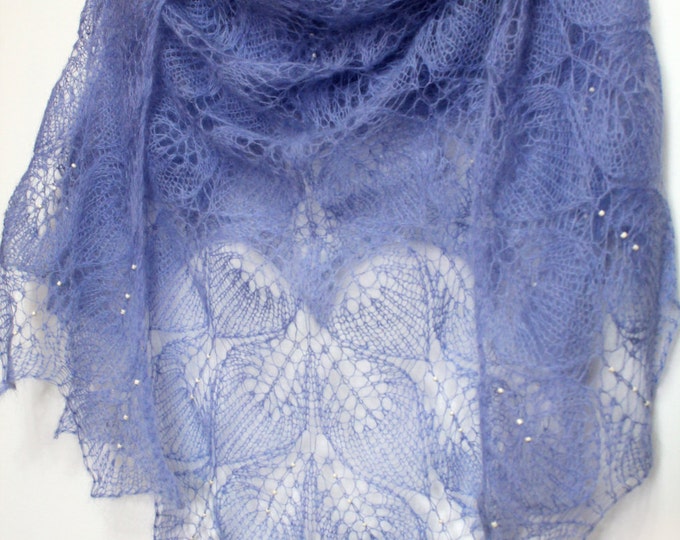 FREE SHIPPING, Openwork shawl handmade light blue made from Kid mohair, wedding shawl ,with beaded shawl, delicate shawl, crochet shawl