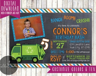 Garbage Truck Birthday Invitation, Trash Truck Invite, Photo - Printable DIY