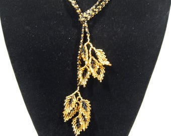 Gold & black beaded lariat necklace