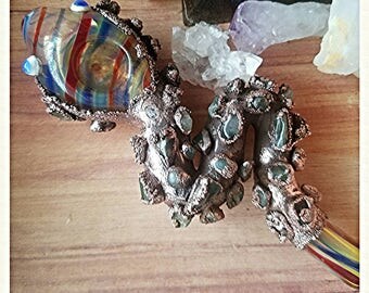 Bejewelled Snake Clear Glass Tobacco Pipe Electroformed Amazonite Aventurine Aquamarine Copper Plated Large Snake Pipes Gift for Him or Her
