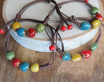 Colorful Ceramic Pebble Bead Bracelet Waxed Linen Cord For Women/ Girls Jewelry