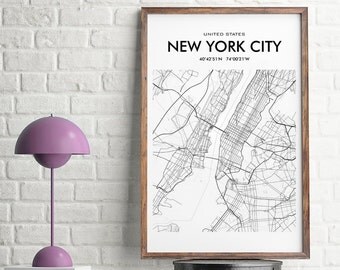 New York City Map, New York City Wall Art Print, New York Printable, New York City Decor, Maps of Cities, Nyc Poster Print, USA Wall Map