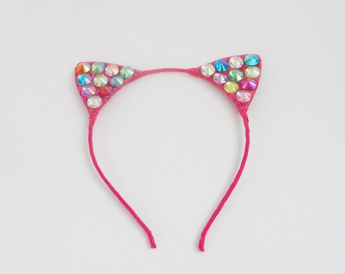 Cat ears headband/ adult headband/ pink multicolor rhinestone headband headpiece headdress/ teenager gifts/ glamour party festival headdress