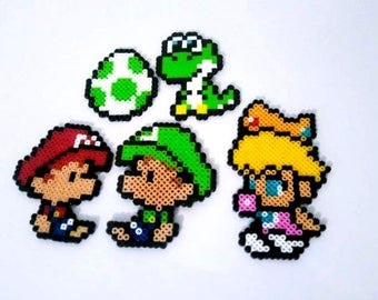 Baby Mario, Baby Luigi, Baby Peach, Baby Yoshi and Green Egg, Mini Perler Beads Sprite, Pixel Art, Super Nintendo, Keyring or Magnet