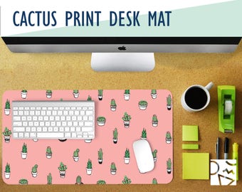 Tiny Cacti Print Desk Mat - Choose Your Base Color! 2 Sizes - Extra Large Mouse Pad - Mouse Mat - Extended Mouse Pad - Desk Accessory