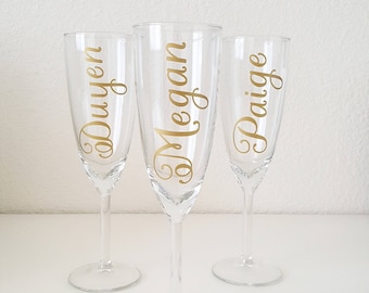 Bridesmaid Flute Glasses, Bridesmaid Champagne Glasses, Customized Champagne Glasses, Vinyl Decals, Wedding Party, Bridal Party Gifts