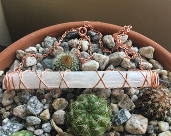 Copper wire wrapped selenite necklace