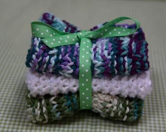 Knit Dish Cloths, White/Green/Blue Multi