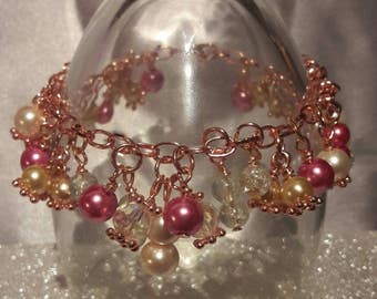 Womens gold bracelet, girls gold bracelet, ladies pink bracelet, girls pink jewelry, pink cluster bracelet, rose gold jewelry