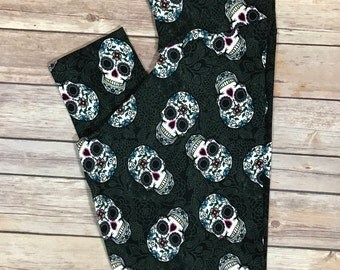 Sugar skull leggings, brushed poly leggings, lace leggings, black lace leggings, tall and plus size leggings.