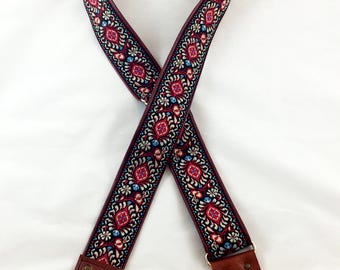 Red and Cream Floral Ribbon Guitar Strap