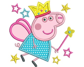 Cute Fairy Pig Applique Embroidery Design, Peppa, Girl's Princess Fairy Pig Machine Embroidery, 4x4, 5x7, Instant Download, No: A100-1