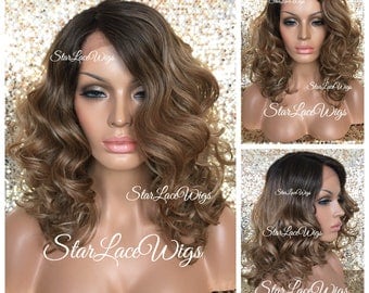 Lace Front Wig - Curly - Side Part - Pecan Brown Blonde Mix - Dark Roots #4 - Swiss Lace - Shoulder Length - Heat Safe Ok