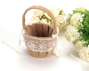 Rustic Burlap Lace Flower Girl Basket Wedding Ceremony Party Hessian Decoration Favor