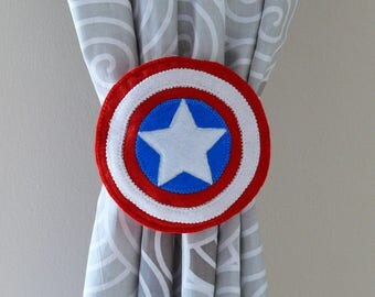 2 Curtain Tie Backs, superhero, American tie backs, Captain America inspired tie backs, Captain America logo, boy room, kids room, hero