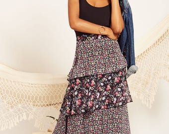 Long black skirt. Floral print skirt, Boho chic, Liberty print, maxi skirt