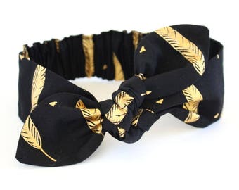 Black Feather headband, Womens Headband, Adult Headband, Headband for Women, Girl Headband, Bow Headband, Girl, Women, Headband, Gold