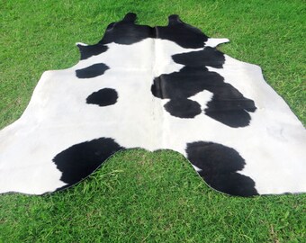 LARGE ! New cowhide rug natural hair on - UNIQUE !! huge big black white tones soft hair carpet - B2219