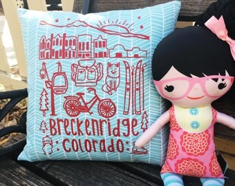 Pillow Cover 14" Breckenridge Colorado Custom Drawn Art in Burgundy- Grey Denim Back