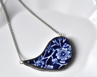 Broken China Jewelry Paisley Necklace - Blue Calico