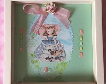 Adorable Vintage Style Shadow Box - vintage Girl- Kitties- shabby chic sweet!