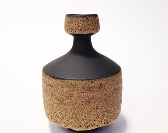Ships Now- med/lrg stoneware ceramic vase in raw black clay with ochre crater glaze by sara paloma