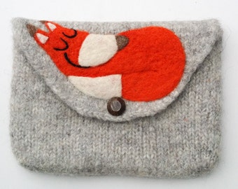 Felted bag pouch purse bag hand knit needle felted gray wool needle felted fox