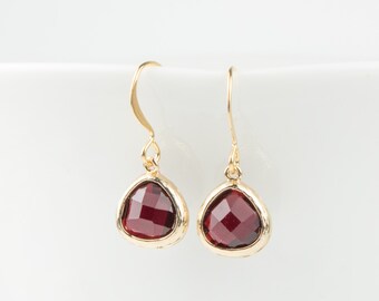 Tiny Garnet Gold Earrings, January Birthstone Gold Earrings, January Garnet Earrings, January Birthstone Jewelry, Dainty Gold Earrings
