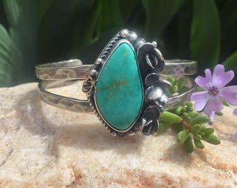 Natural Royston Turquoise Sterling Silver Cuff Bracelet, rustic, artisan, metalwork, handmade, Boho, Bohemian, Succulent