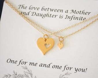 Mother Daughter Necklace Gift set, Mom Gift, Gold Heart, Sterling Silver, heart, card, Lover Necklace, Mother necklace, Wife Necklace