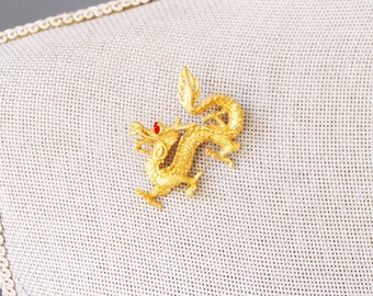 Vintage Chinese Dragon Brooch 1950s Gold Tone Metal Red Rhinestone Eyes