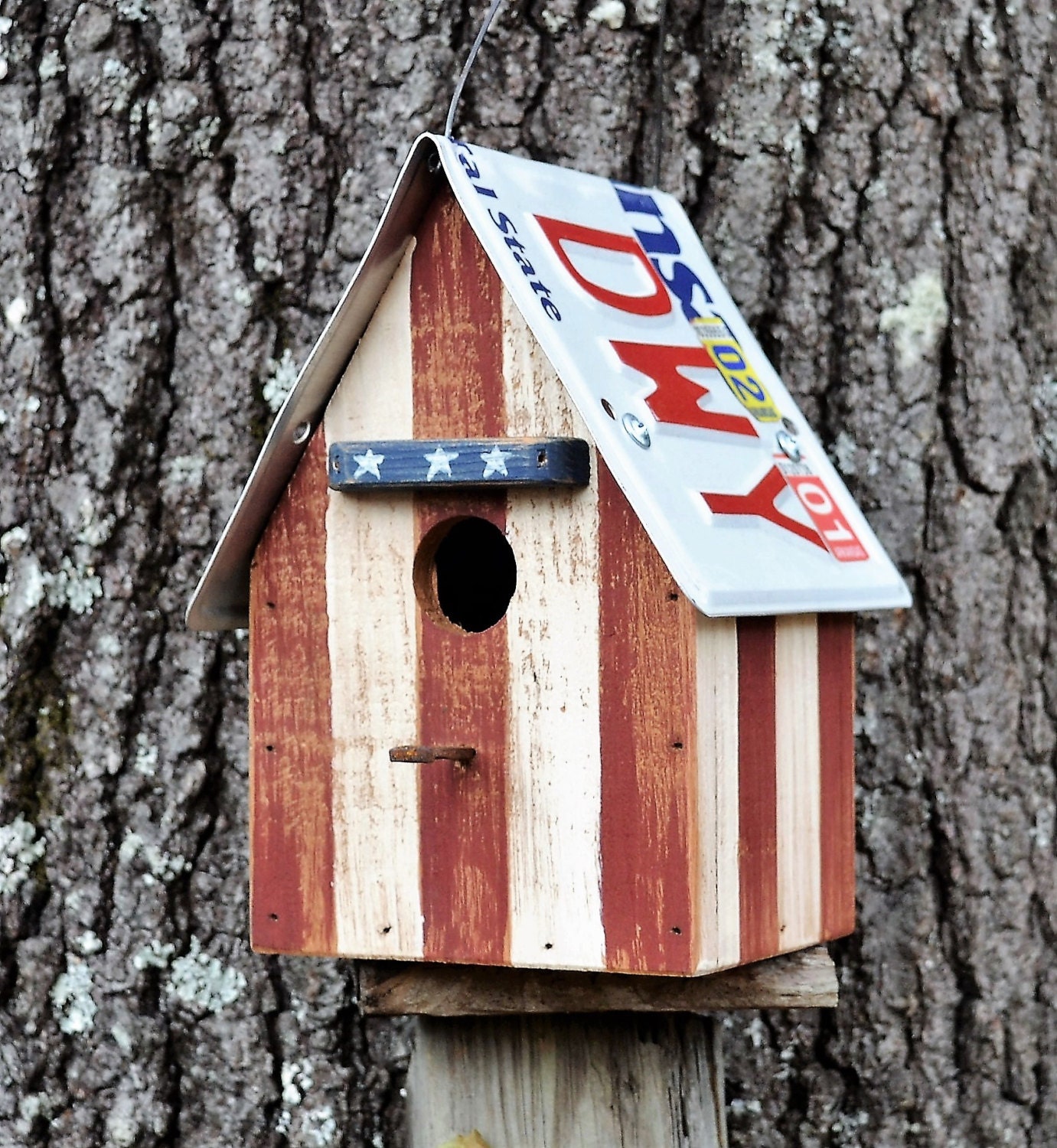 Rustic Birdhouse Primitive Birdhouse Red White and Blue