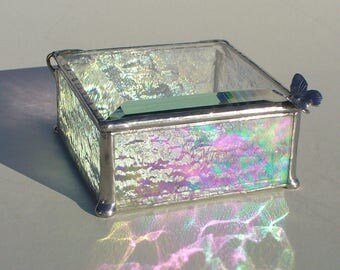 Iridescent Clear Stained Glass Keepsake and Jewelry Box with Butterfly Handle or Your Choice of Handle