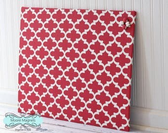 Magnetic Board 18 inch x 24 inch Red and White Moroccan Pattern Fabric - Note board Message board Command Center Office Organization