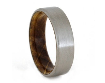 Whiskey Barrel Ring with Titanium Overlay, Oak Wood Wedding Band