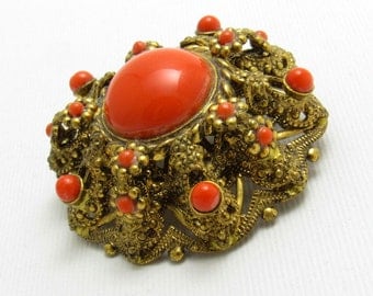 Vintage Domed Brooch Coral Orange Jewelry P7661
