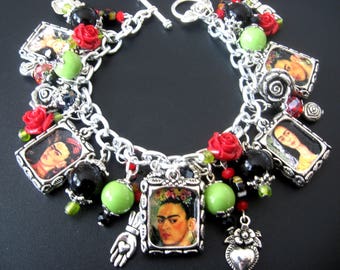 Frida Kahlo Jewelry 10-Picture Bracelet, Frida Kahlo Bracelet, Mexican Jewelry Bracelet, Valentine Jewelry Bracelet, Red Rose Jewelry